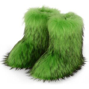 ⚡Women's Green Faux Fur Warm Boot Furry Short Snow Boot Mid Calf Boots
